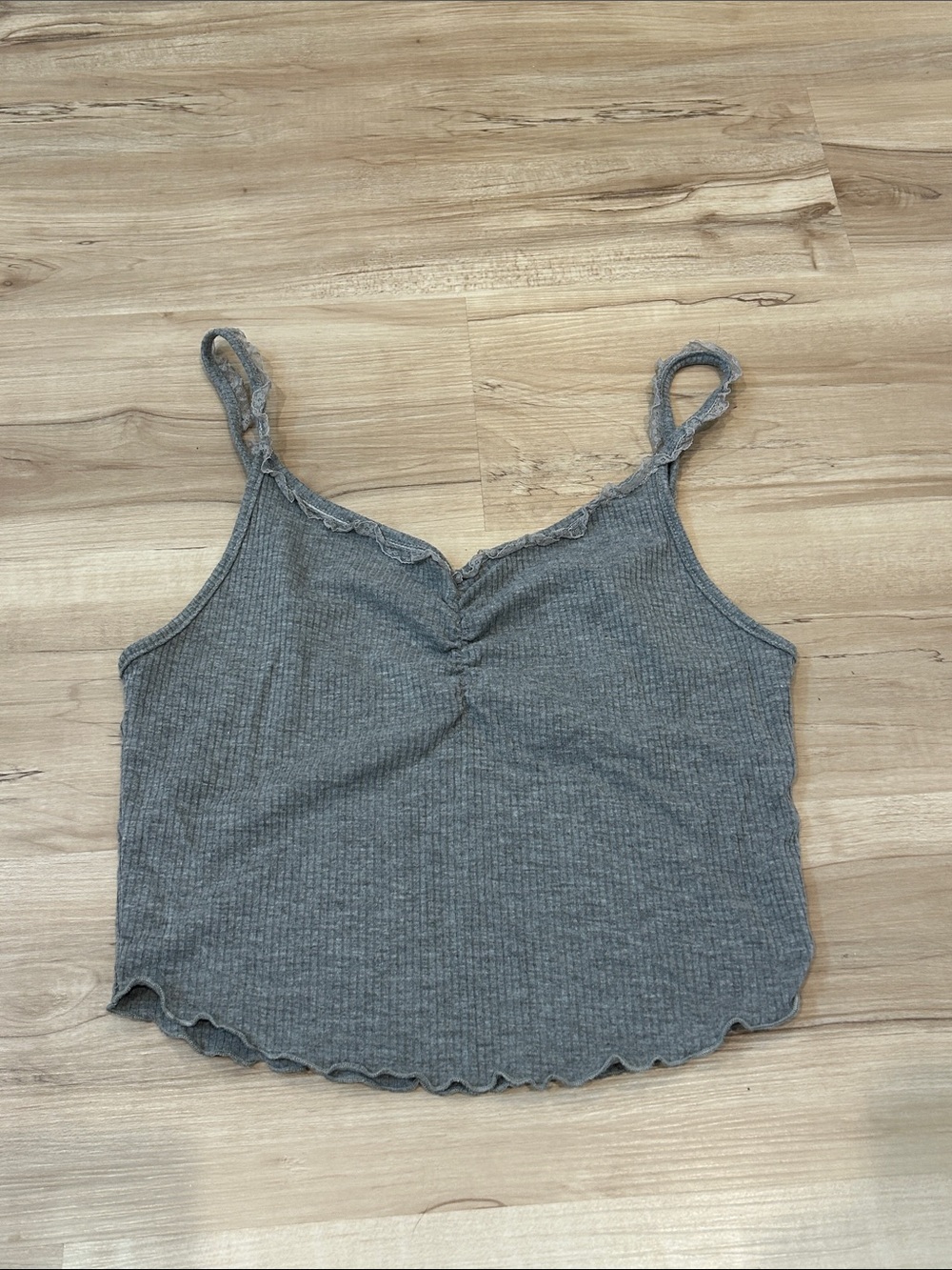 Ribbed Gray Lace-Trim Cami Tank Top - Cropped